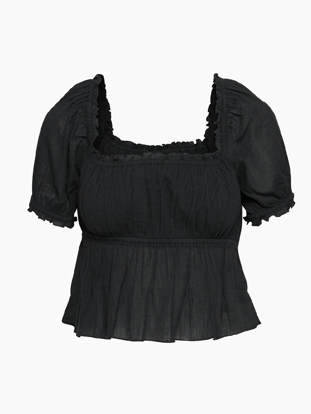Aritzia Black Puff-Sleeve Smocked Square-Neck Blouse